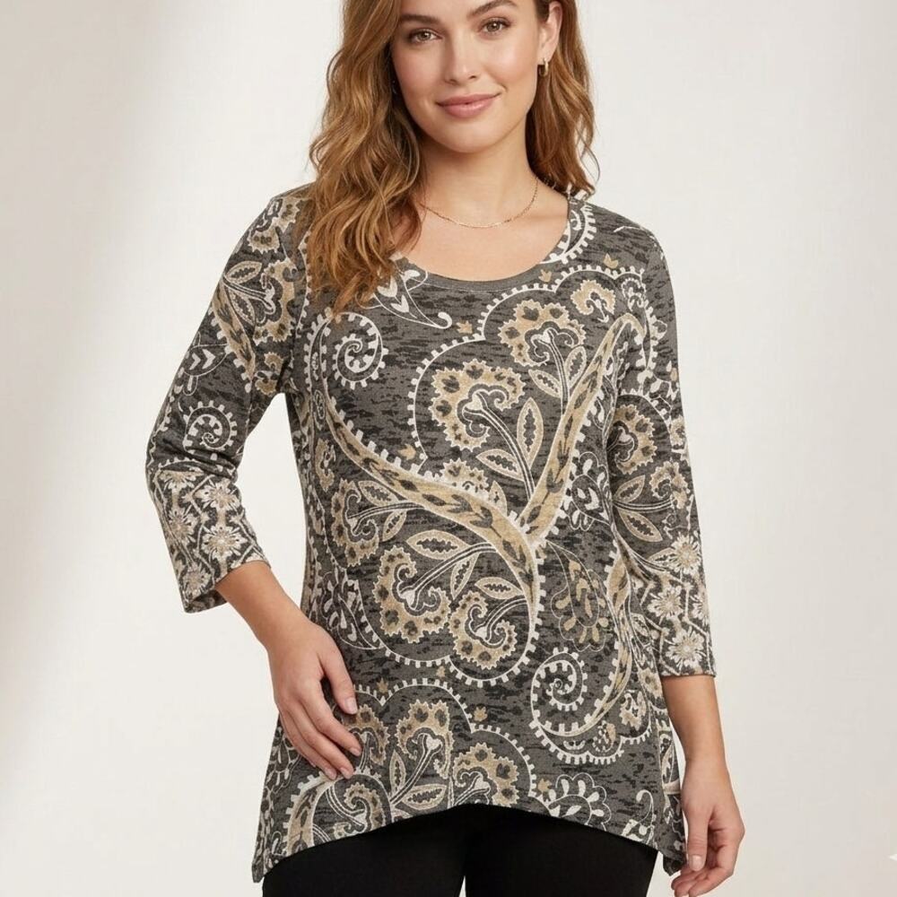 Before and Again Baby Waffle Knit Top Womens Large Gray Paisley Floral Sundance
